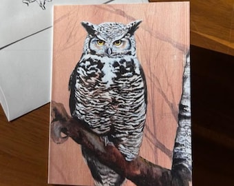Great Horned Owl Blank Note Cards 3-Pack with A6 Envelopes