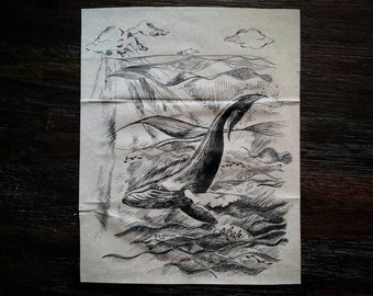 Humpback Whale, Zero Waste Pen and Ink Drawing on Paper Bag