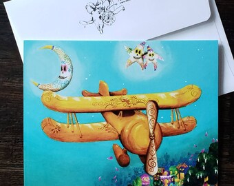 Day of the Dead Bi-Plane 3-Pack Blank Note Cards with A6 envelopes, with Sugar Skull Moon and Stars