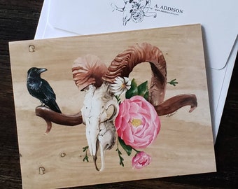 Blank Note Cards with Envelopes, Ram Skull 3-Pack, A6, Peony Raven Southwest Art