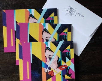 Blank Note Cards, 3-Pack, A6, Pop Art Feminist Geometric, Woman Lips Halftone