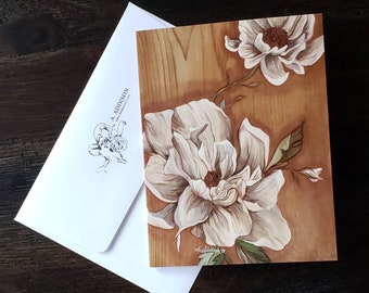Magnolias on Wood 3-Pack Blank Note Cards with A6 Envelopes
