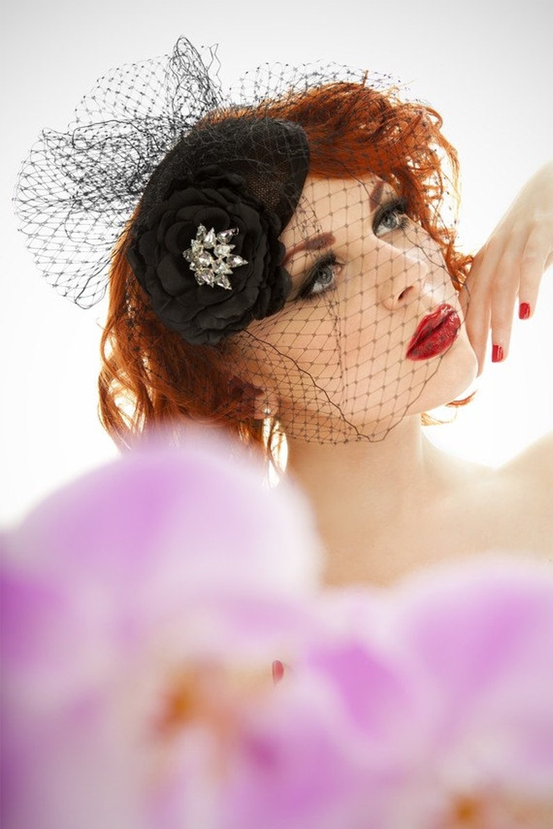 Black Birdcage Veil Fascinator Etsy for-short-hair-dressed-up-with-a-birdcage-veil-short-wedding-hair