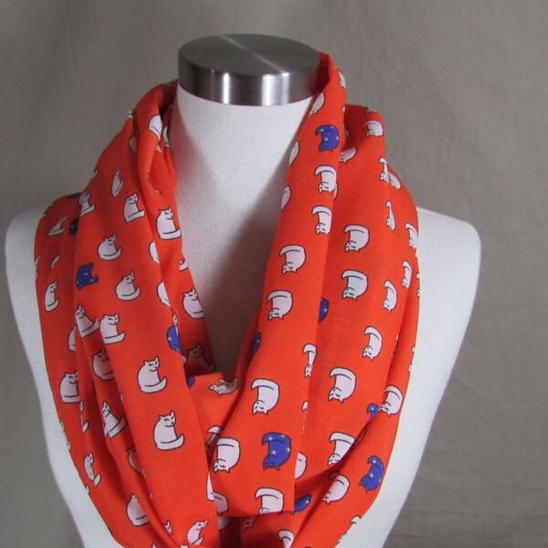 Infinity Scarf in Orange Cat Print Handmade Lightweight Scarf Spring Scarf Summer Scarves