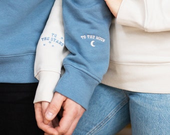 To The Moon And Stars Cuff Sweatshirt Set - Embroidered Newlywed Gift for Couples