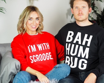 Christmas Jumper Set - I'm With Scrooge and Bah Hum Bug Matching Christmas Jumpers - Couples Christmas Jumper Set From Rock On Ruby