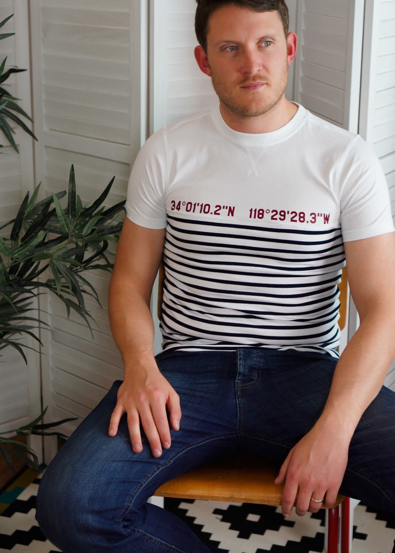 Image of Personalised Special Location Unisex Striped T Shirt - Longitude & Latitude Top For Anniversary Gift