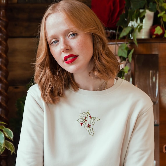 Holly Embroidered Christmas Sweatshirt Minimalist Festive Jumper
