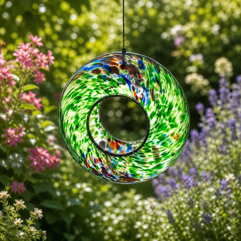 Handmade Art Glass Bird Feeder 8.7" Sun Catcher Green