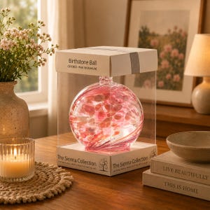 May include: A spherical glass ornament with pink and white swirling patterns inside a clear display box. The box is labelled Birthstone Ball October - Pink Tourmaline and The Sienna Collection. The glass sphere sits on a white base within the box.