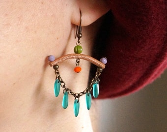 Colorful chandelier gypsy earrings, dangle, leather, beaded earrings