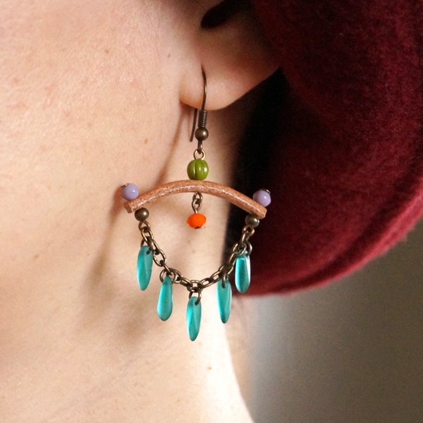 Colorful chandelier gypsy earrings, dangle, leather, beaded earrings