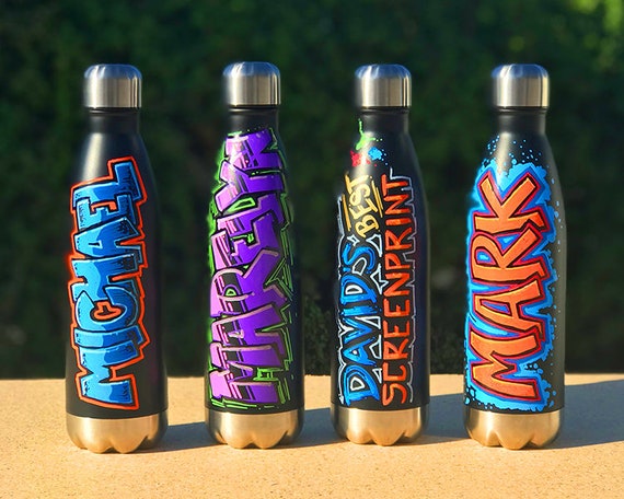 Custom Personalized Metal Water Bottles Graffiti Water Bottles for Kids  80's 90's Party Graffiti Font Style Names 