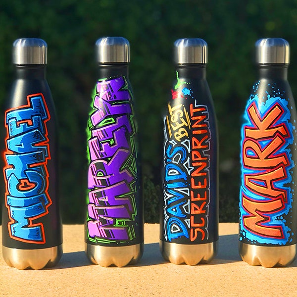 Custom Personalized Metal Water bottles - Graffiti Water Bottles for Kids 80's 90's Party - Graffiti Font Style Names