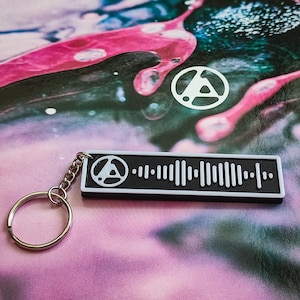 May include: A black and white keychain with a Spotify-style audio waveform and a circular logo with a stylized letter "A". The keychain has a silver key ring and chain. The background is a colourful, abstract design with pink, blue, and white hues.