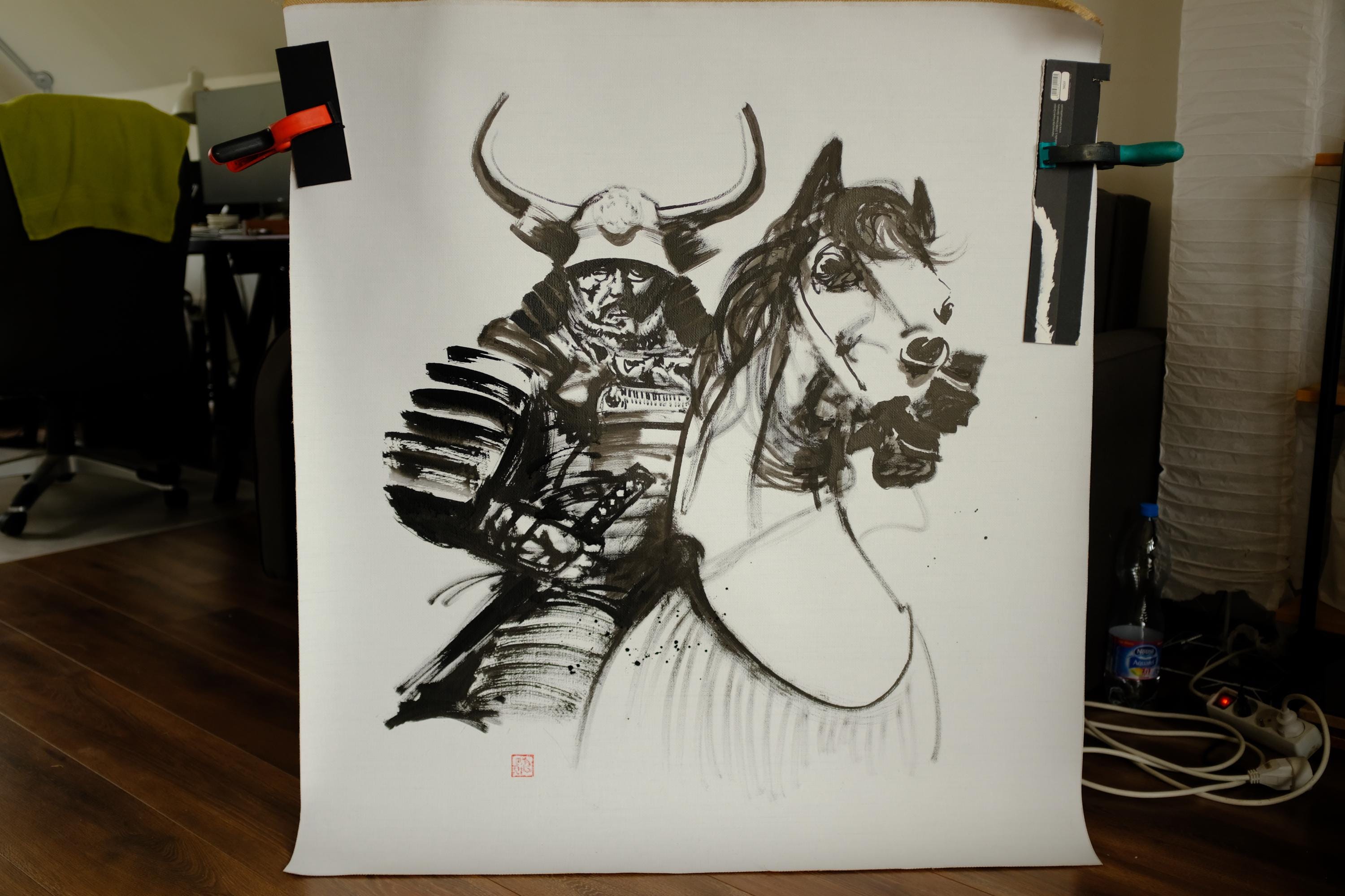 馬に乗った侍｜オリジナル水墨画 – Pechaneによる日本の墨絵｜禅の壁
