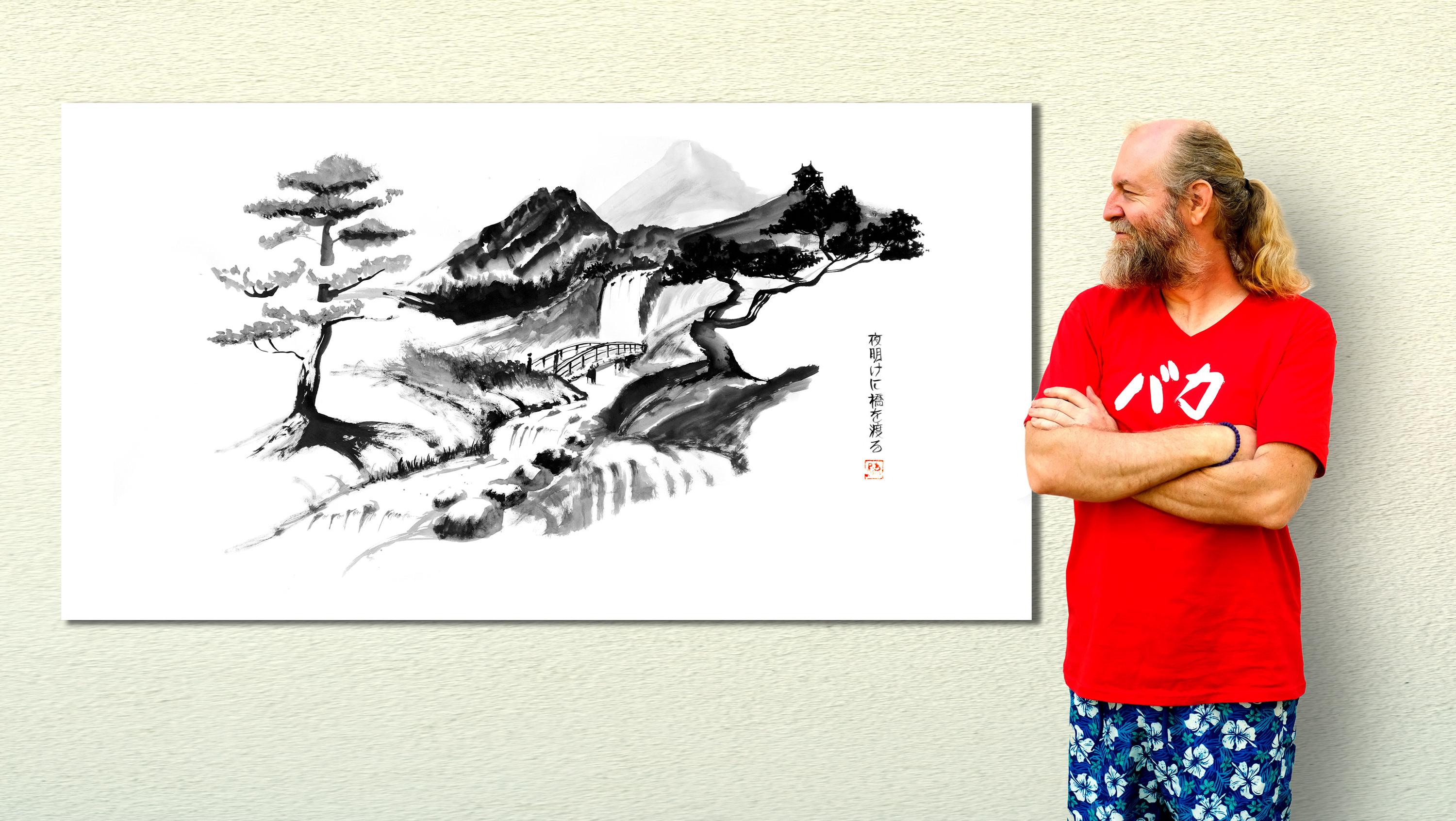 Crossing the Bridge at Dawn | Original Sumi-e Painting – Japanese