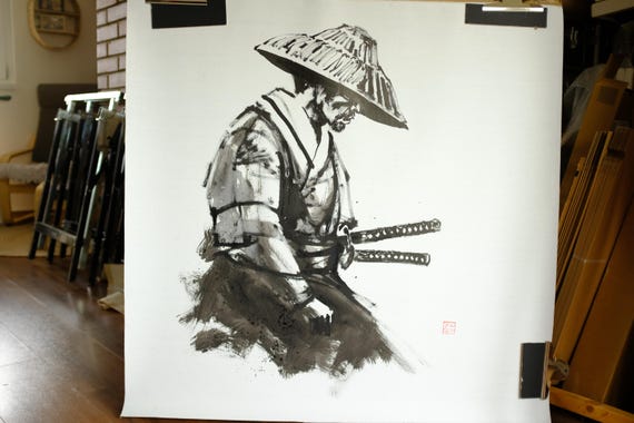 祈る侍 |オリジナルの墨絵 – Pechane による日本の水墨画 |禅の壁の