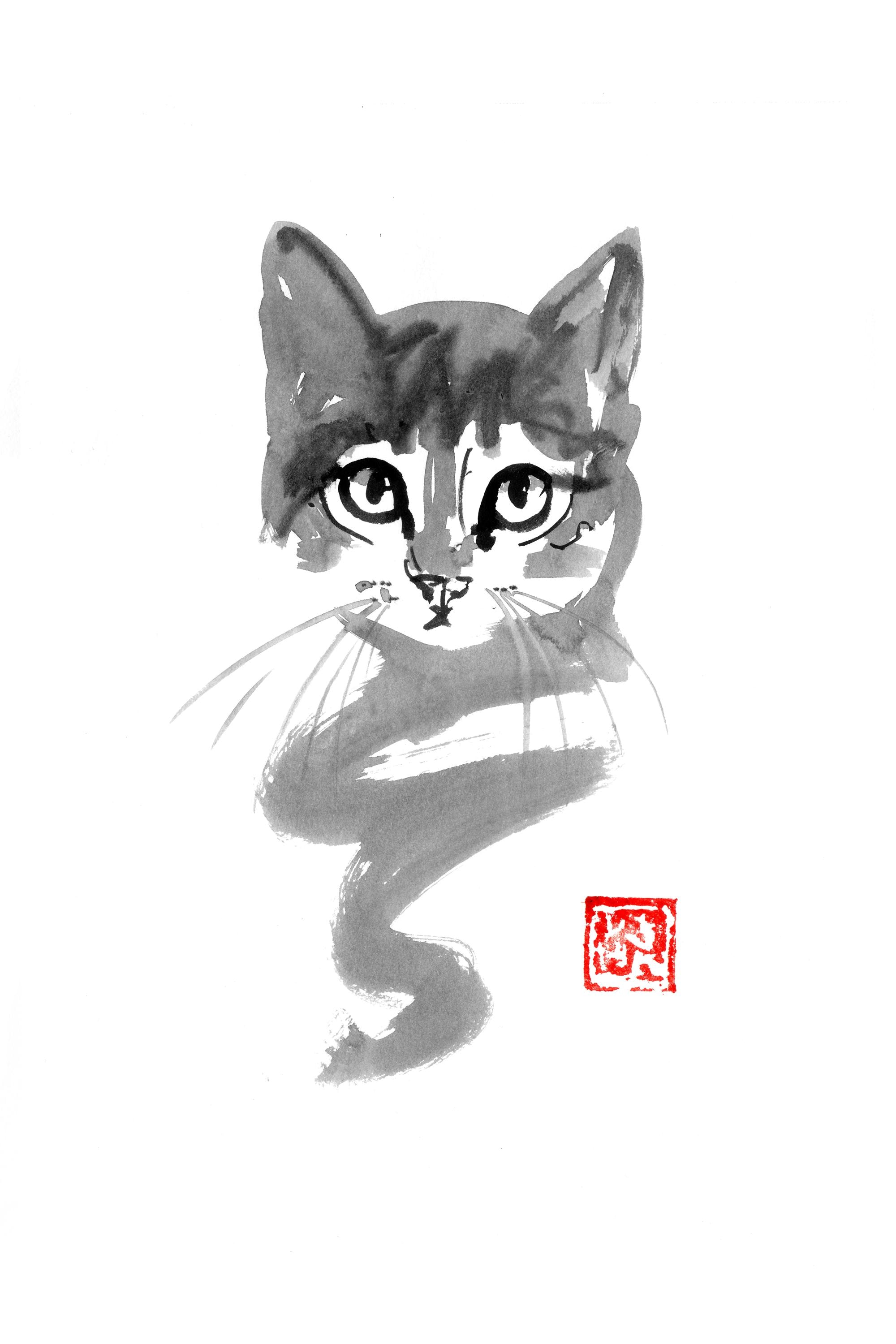 Cat | Original Sumi-e Painting – Japanese Ink Art by Pechane | Zen