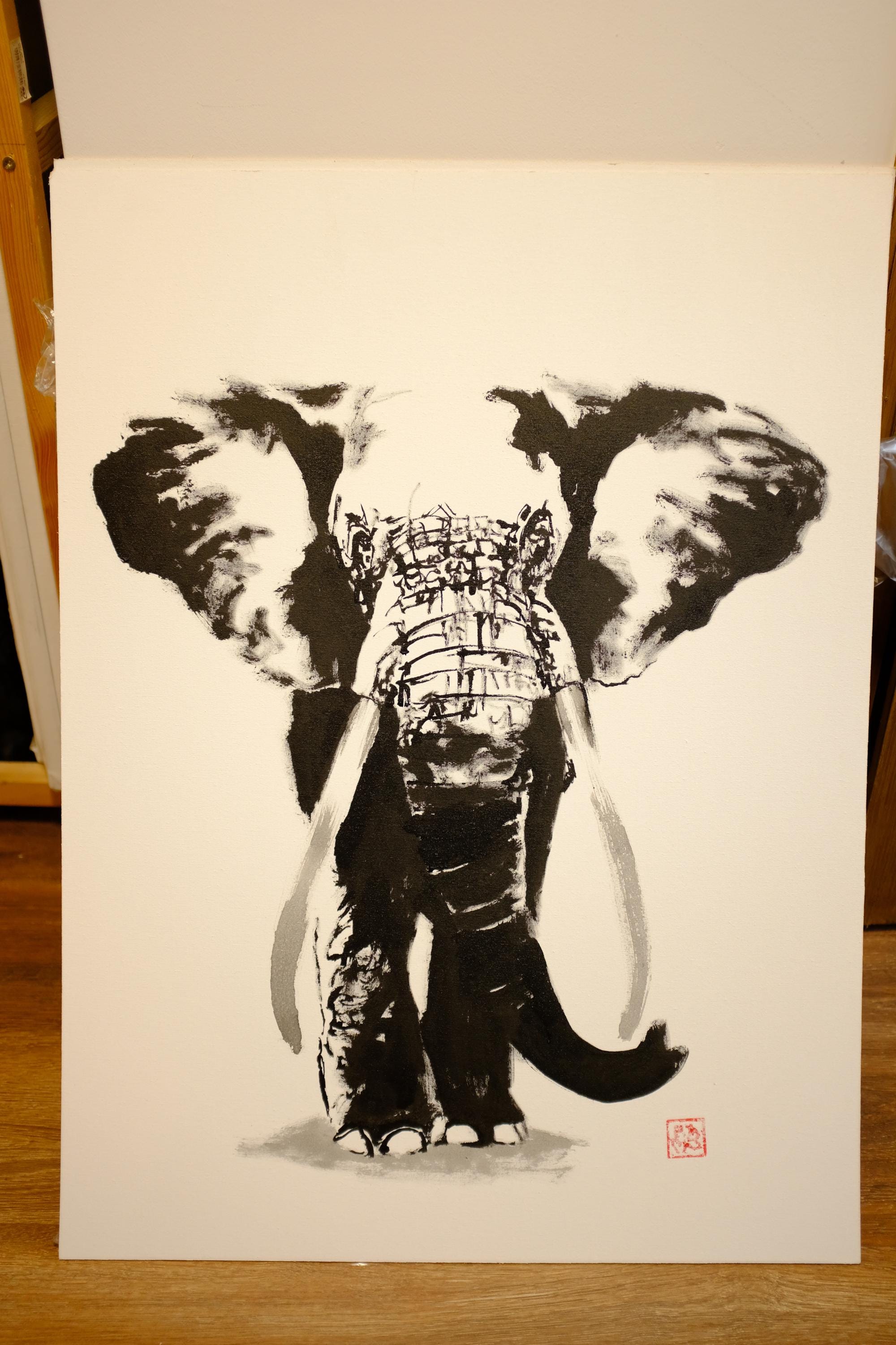 Elephant | Original Sumi-e Painting – Japanese Ink Art by Pechane