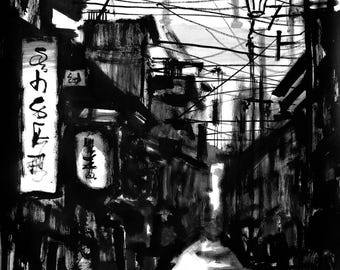 Black Street | Original Sumi-e Painting – Japanese Ink Art by