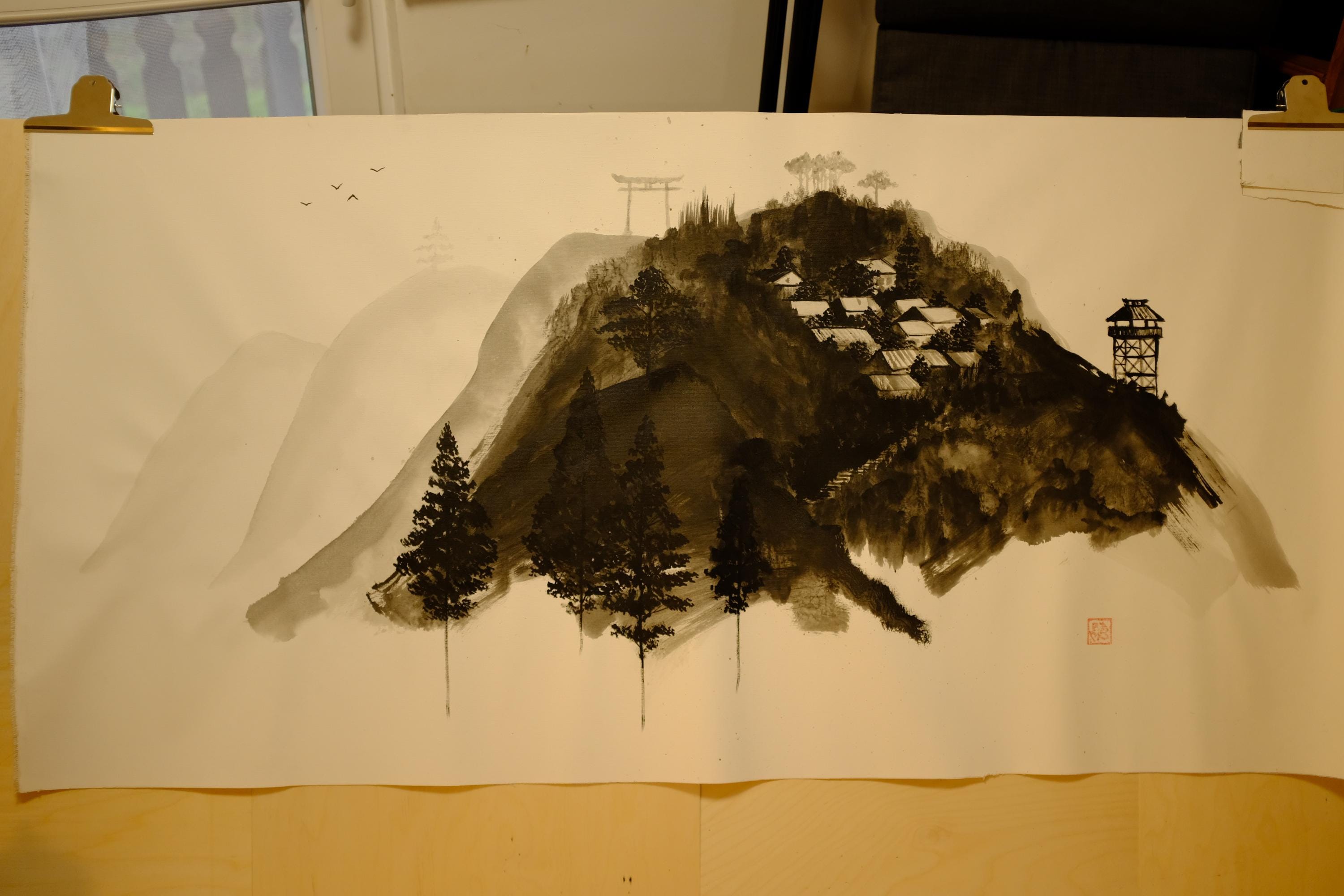 Village on the Mountain | Original Sumi-e Painting – Japanese Ink