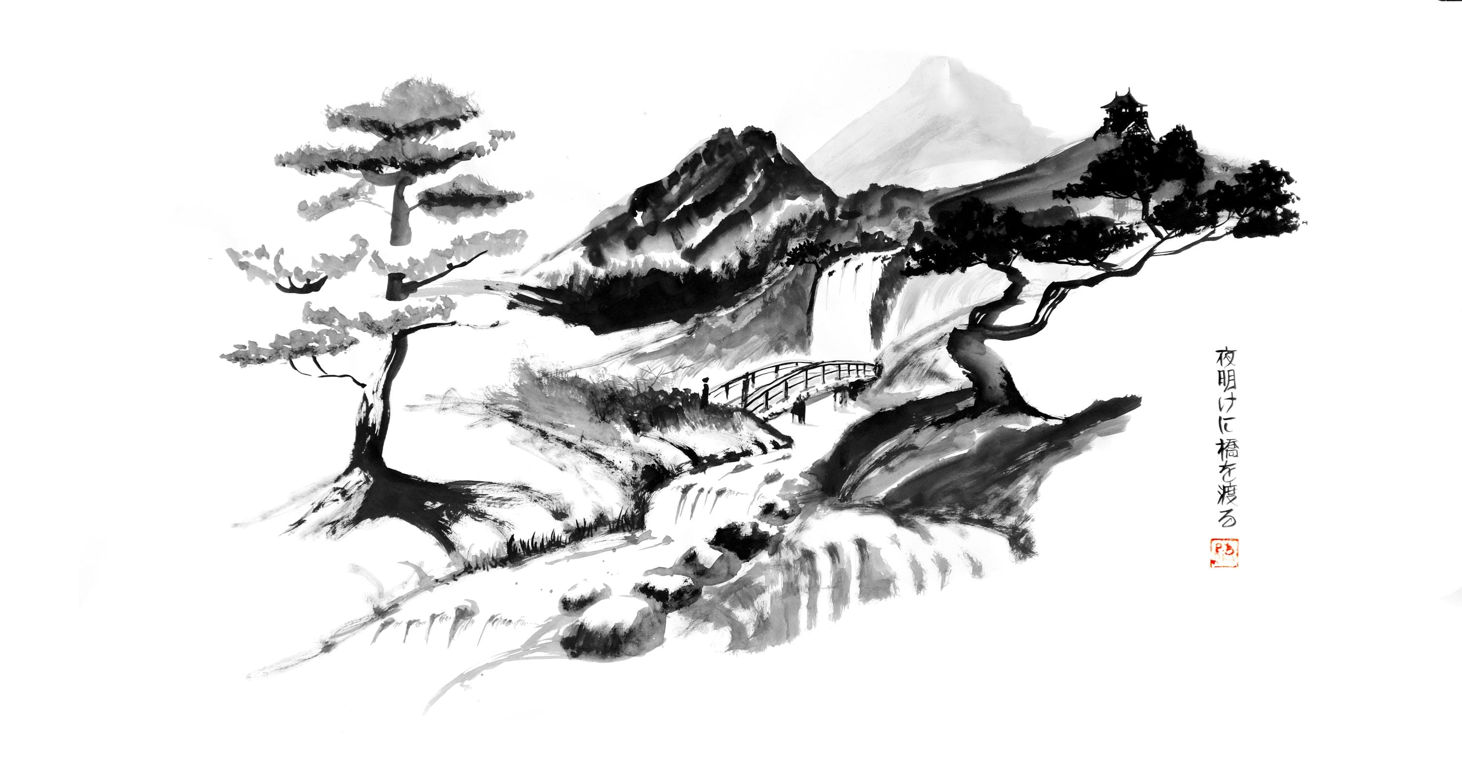 Crossing the Bridge at Dawn | Original Sumi-e Painting – Japanese
