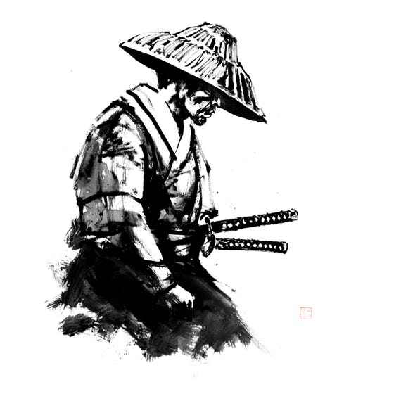 祈る侍 |オリジナルの墨絵 – Pechane による日本の水墨画 |禅の壁の