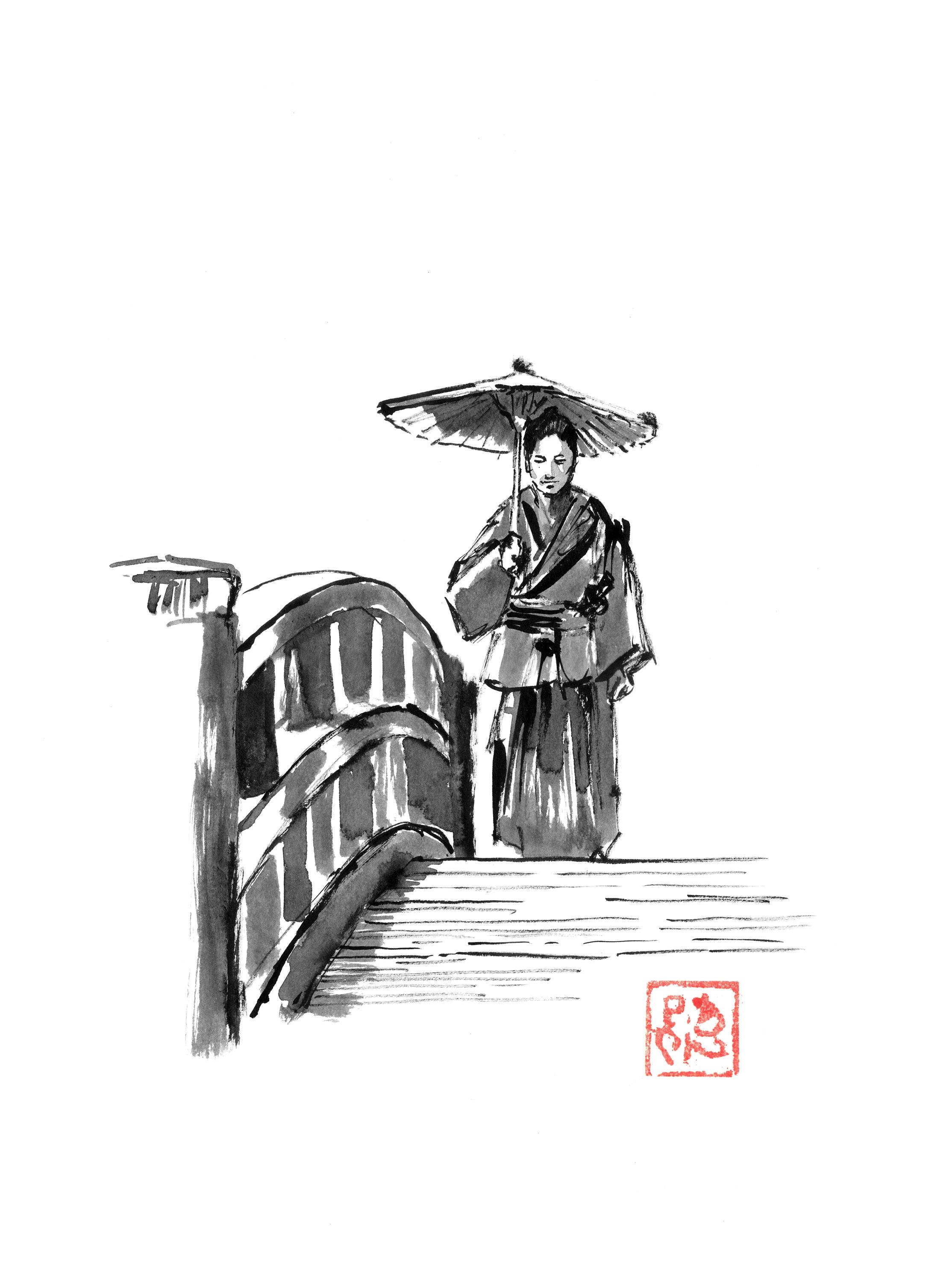 Samurai on the Bridge | Original Sumi-e Painting – Japanese Ink