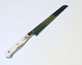 Artisan Bread Knife, Serrated Japanese VG-10 Stainless Steel, White & Light Purple Bone Handle, Shabbat Knife, Challah Knife, Made to Order