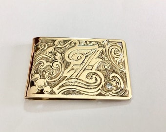 Gold Money Clip, Diamond Accent, Hand-Engraved Initial Monogram 14K Gold, 3mm Ideal Cut Loupe Clean 10 Pt Diamond, Made to Order