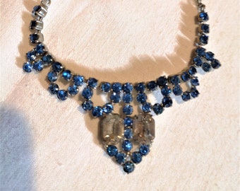 Antique Blue Diamante Necklace with 2 Clear Stones on a Gold Coloured Chain