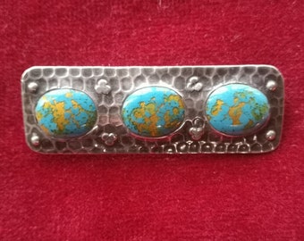 Antique Arts and Crafts Silver and Gold Turquoise Brooch
