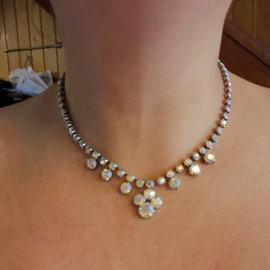Square and circular iridescent diamante necklace with 4 stone pendant