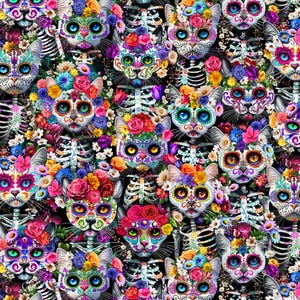May include: A colourful pattern showing multiple cat faces decorated with sugar skull makeup and floral arrangements. The cats have bright eyes and are surrounded by floral elements and skeletal ribcages, creating a Day of the Dead theme.