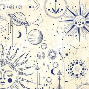 Celestial Packed Celestial Blue on Ecru Fabric by QT Fabrics 29629-E Celestial Journey Collection / Space Material Yardage & Fat Quarters