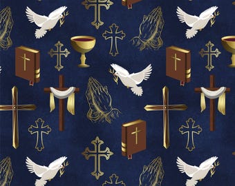 Religious Icons on Navy, The Power of Prayer by David Textiles Fabrics Religious Fat Quarter Yardage & Cotton fabric by the yard