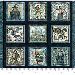 May include: A fabric panel featuring a grid of nine square illustrations depicting fantasy characters, dragons, and a castle, set against a dark blue background with a decorative border and a ruler showing 6 inches at the bottom edge.