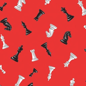 May include: A seamless pattern of black and white chess pieces on a red background. The pieces include a king, queen, knight, bishop, rook, and pawn.