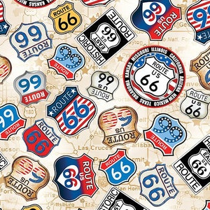 クリーム色の生地に描かれたルート66の道路標識、カンバスファブリックスのアメリカのハイウェイコレクション、ファットクォーターとヤードもご用意