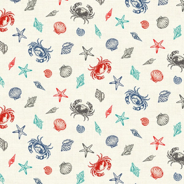 Nautical Fabric /  Crabs and Sea Shells Nautical 2022 by Makower UK  Fat Quarters, Yardage, By the yard and Fat Quarter Fabric