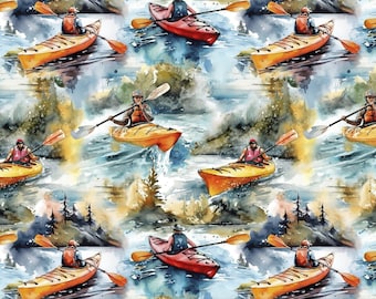 Kayaks on Water Canoe Fabric / Water Sports Painterly Kayaks by David Textiles   100% cotton Yardage & Fat Quarters