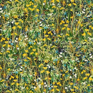 May include: A vibrant watercolor painting of a wildflower meadow. The artwork features a dense arrangement of yellow, white, and blue flowers interspersed with green foliage and tall grasses against a dark background. The style is impressionistic, with visible brushstrokes.