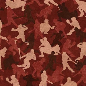 Może przedstawiać: Tkanina o tematyce baseballowej z powtarzającym się wzorem graczy baseballu w akcji. Sylwetki w odcieniach czerwieni, brązu i bieli tworzą efekt kamuflażu. Idealna do projektów sportowych, wymiary w centymetrach.