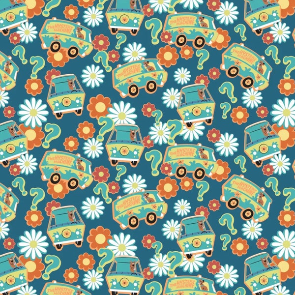 Scooby Doo School Spirit Mystery Van on Teal Fabric by  Camelot Fabrics / Scooby Doo Yardage and Fat Quarters