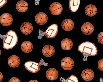 Basketball Fabric / Slam Dunk Basketballs and Hoops on Black Fabric by the Yard by Quilting Treasures Cotton Fat Quarters and Yardage