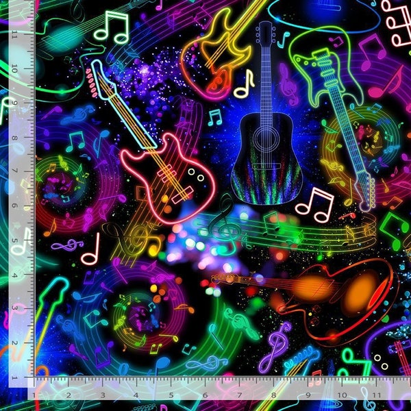 Music Fabric by the Yard / Neon Music Notes and Guitars Instruments Fabric by Timeless Treasures Yardage & Fat Quarters Available