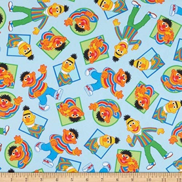 Sesame Street Fabric / Bert and Ernie on Blue Fabric by QT Fabrics, Sesame Street Cotton Material Yardage & Fat Quarters Available