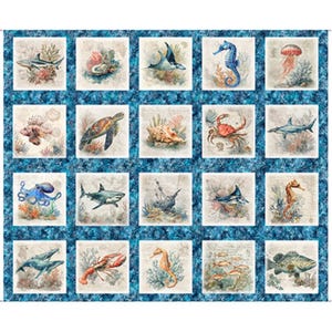 May include: A quilt featuring a grid of sixteen square panels, each displaying a different marine life illustration including sharks, sea turtles, crabs, and seahorses, all set against a dark blue mottled background fabric.