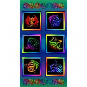 Rainbow Dragon Block 24&quot; Panel / Rainbow Dragon Blocks Fabric by the Panel 24&quot; x 43&quot; Multi Block Digital Cotton Quilting Panel